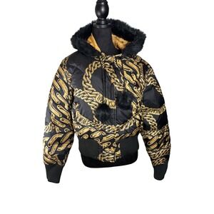 Y2K‎ Rocawear Puffer Jacket Black Gold Chain Print Faux Fur Hooded Bomber XL